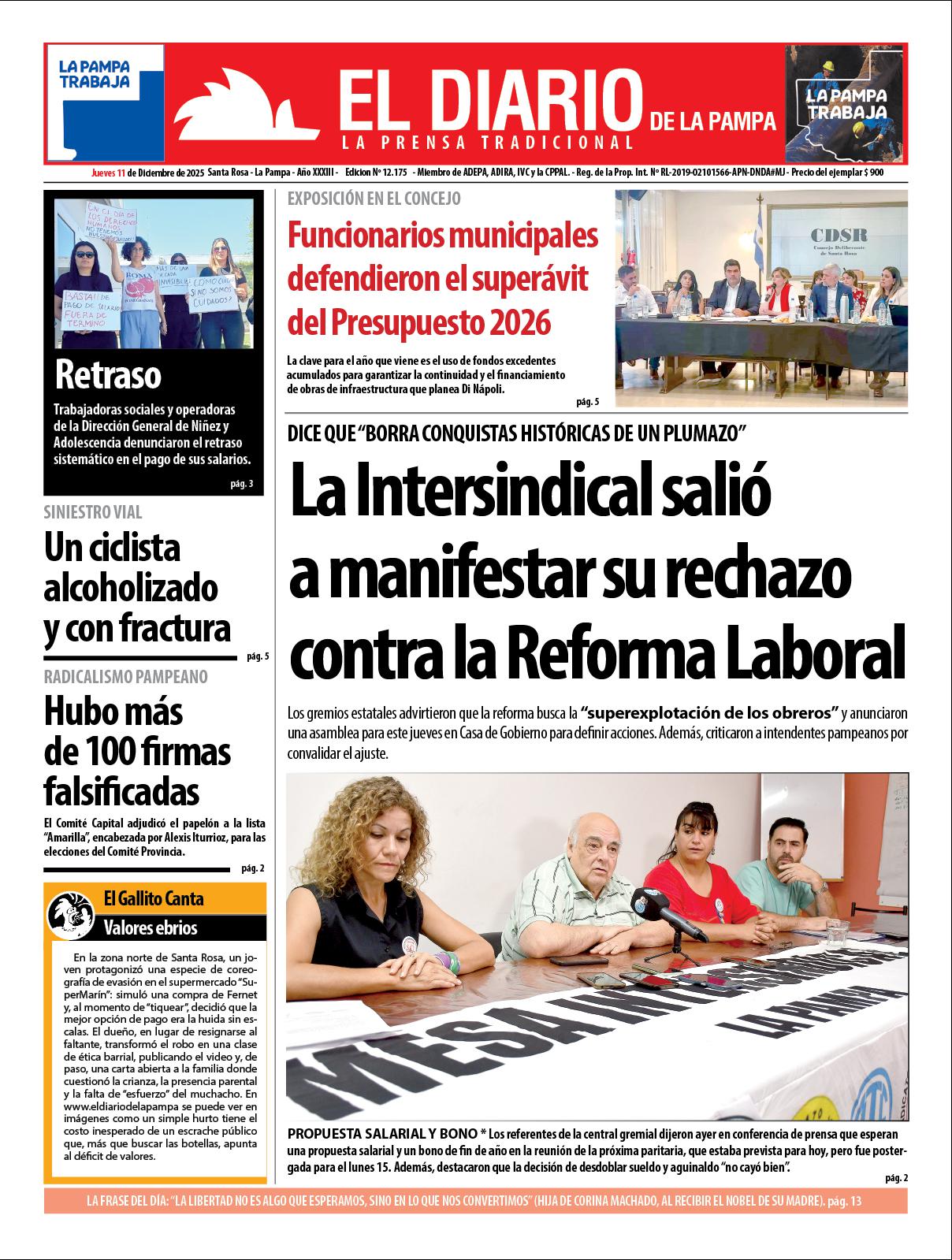 Tapa de El Diario en papel  jueves 11 de diciembre de 2025